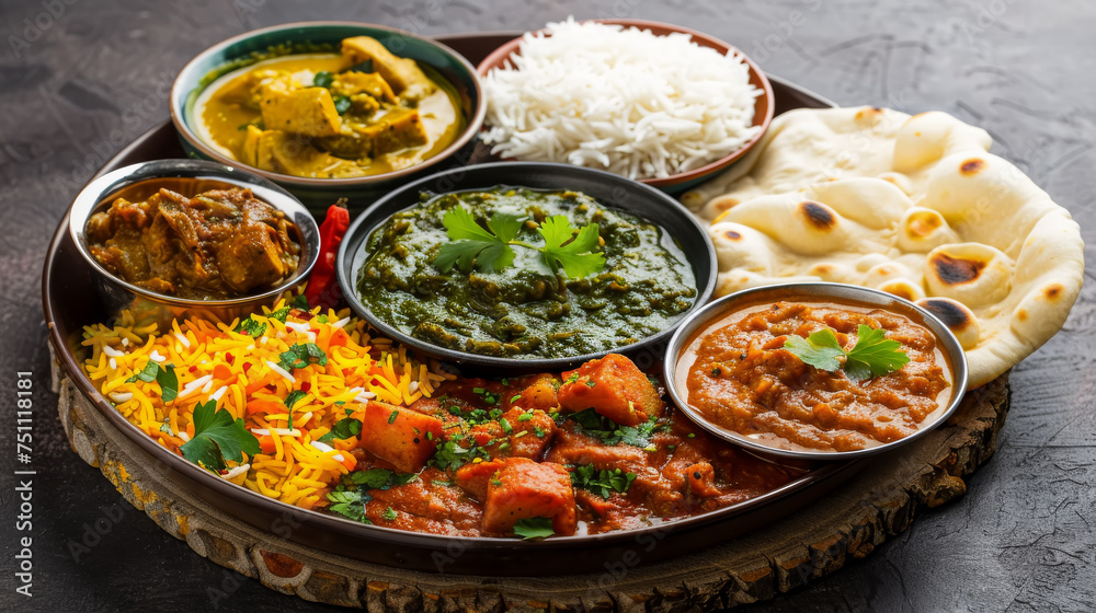 An assortment of traditional Indian dishes in a thali with rice and naan,ai generated