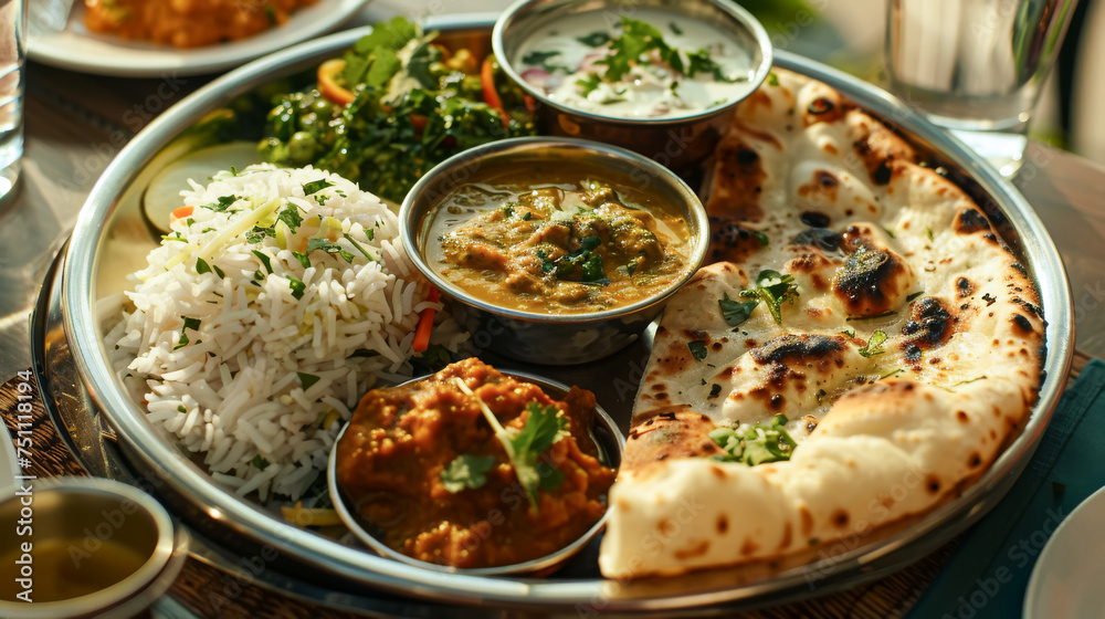 Hearty Indian platter with savory rice, naan, and side dishes,ai generated