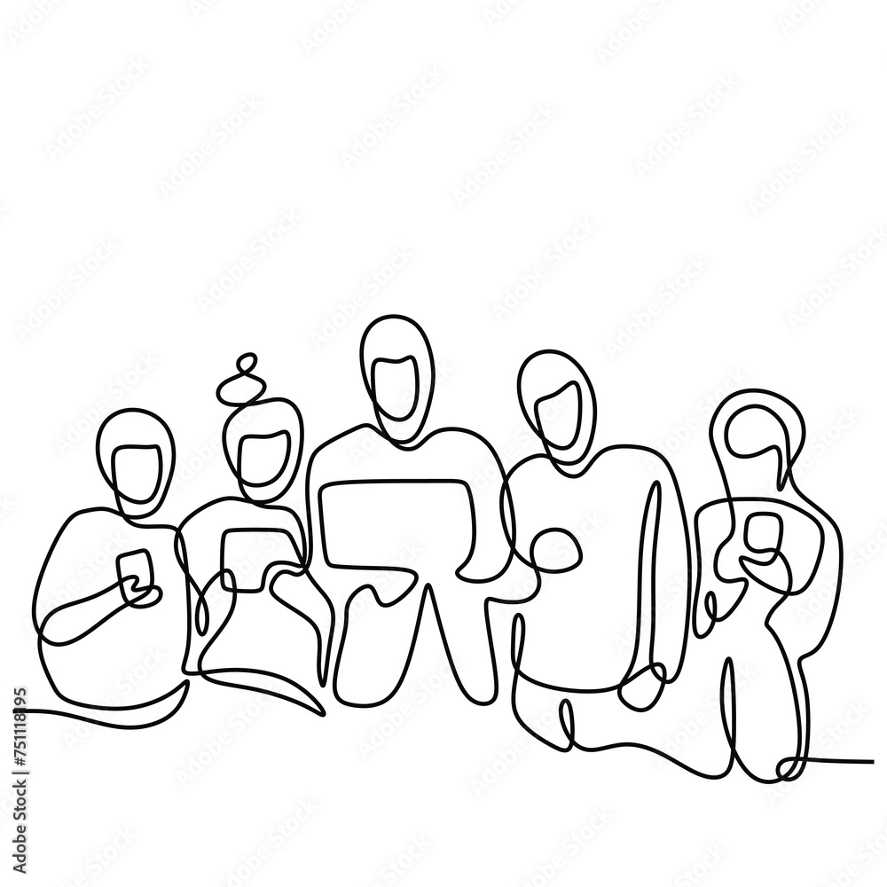 Business team with gadget of smartphone, laptop, and tablet. Continuous one line art drawing style.