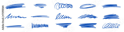 Line brush marker, pen, pencil stroke vector. Blue line brush marker scribble sketch underline. Hand drawn doodle pencil scratch mark. Scrawl texture underline effect. Vector illustration. photo