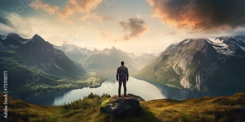 Man standing on mountain top in the morning overlooking lake between mountains