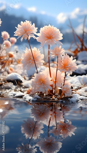 flowers in the snow with reflection on the water. Winter landscape