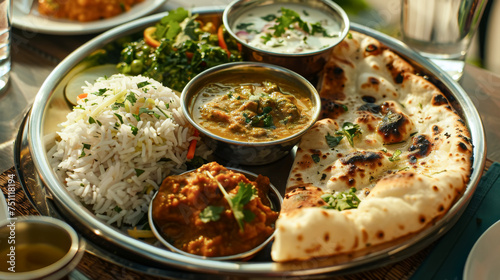 Hearty Indian platter with savory rice  naan  and side dishes ai generated