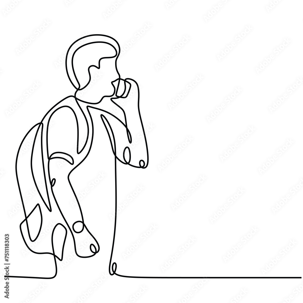 Continuous one line people talking with phone. Student college communication concept vector illustration.