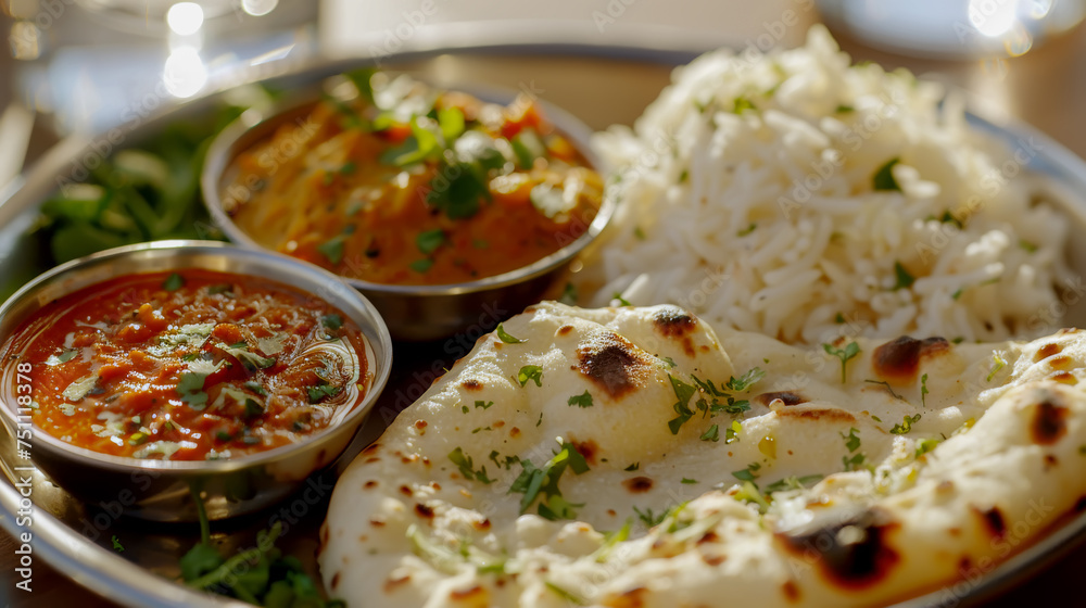 A sunlit Indian thali featuring curry, rice and naan bread for a fresh lunch,ai generated