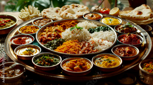 A colorful spread of various Indian dishes in a celebratory setting,ai generated