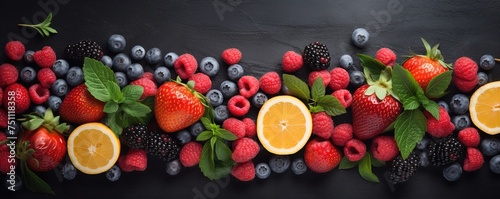 Top view of strawberries, raspberries, blueberries, mint, also oranges and lemons on dark table in the shop © Coosh448