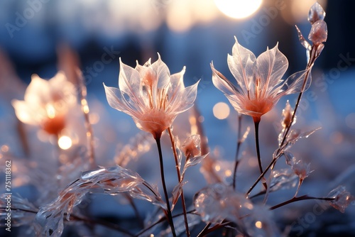 Flowers in the snow at sunset. Beautiful winter landscape with flowers. © Iman