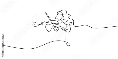 Violinist woman girl playing violin. Continuous one line music drawing art Vector illustration.
