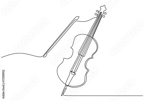 One line drawing of violin design. Classical jazz music instrument. Vector illustration simple continuous outline style.