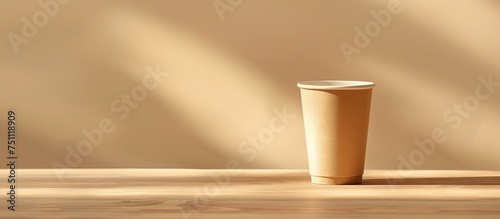 A white empty paper coffee cup is placed on top of a wooden table. The cup is positioned in the center of the table, creating a simple yet striking composition.