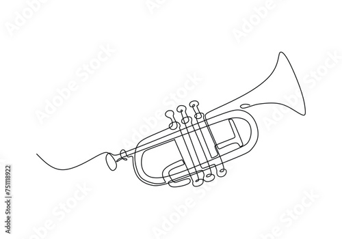 One line drawing of trumpet design. Classical jazz music instrument. Vector illustration simple continuous outline style.