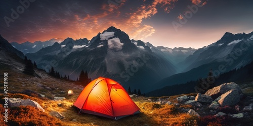 Glowing orange tent camping in the mountains in front of majestic mountain range