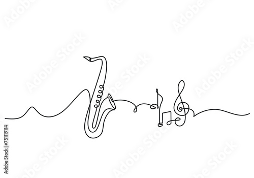 Saxophone one line drawing. Continuous hand drawn outline jazz classical music instrument. Blowing tools for player. photo