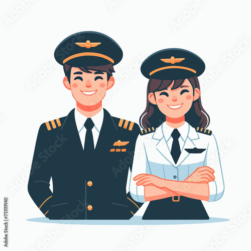 flat design illustration of a smiling pilot couple