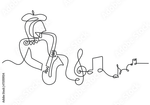 Musician playing Saxophone with musical notes scale one line drawing. Continuous hand drawn outline jazz classical music instrument. Blowing tools for player.