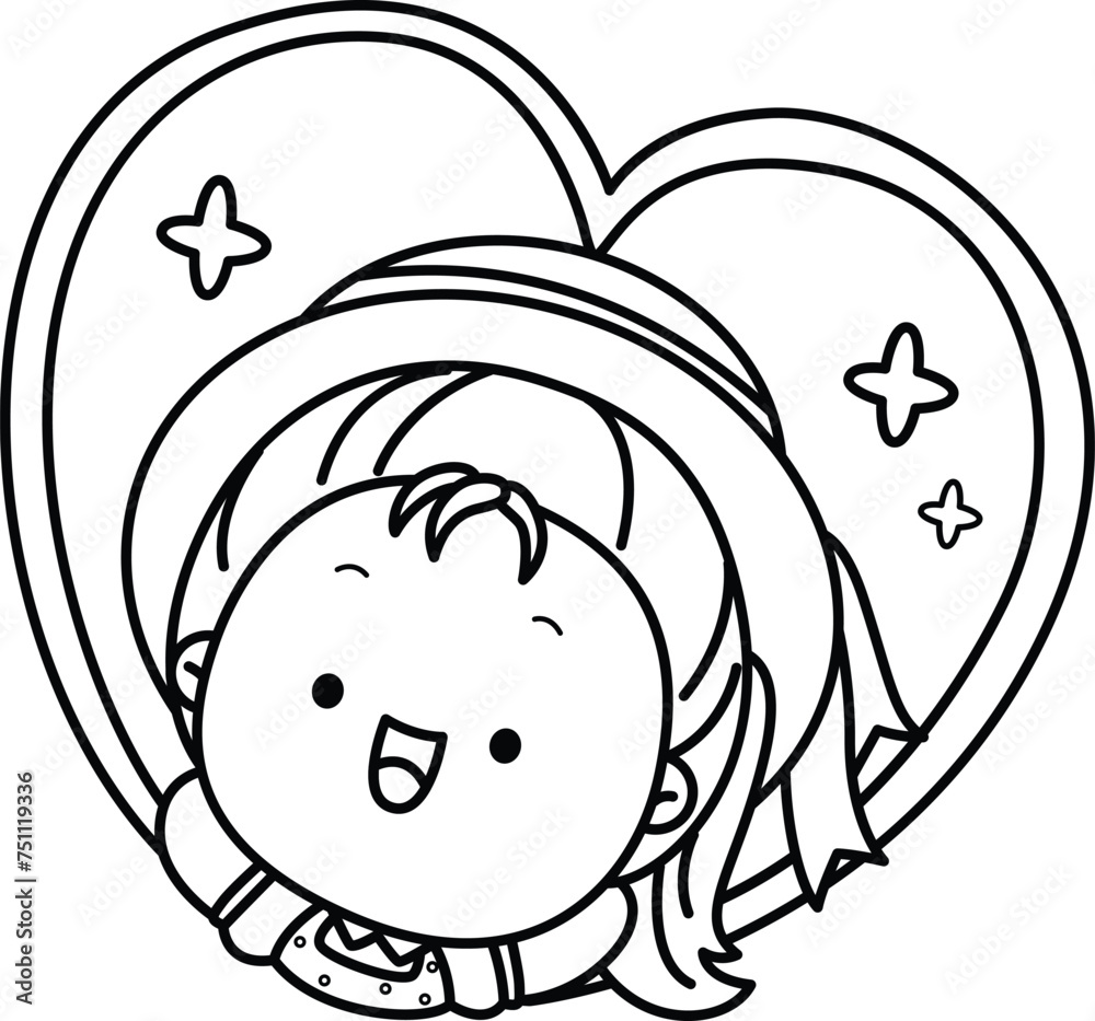 a vector of a cute girl with a heart shape behind it in black and white coloring a vector of a cute girl with a heart shape behind it in black and white coloring