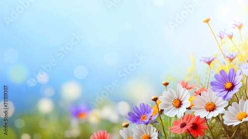 カラフルな花と青い空、余白・コピースペースのある背景