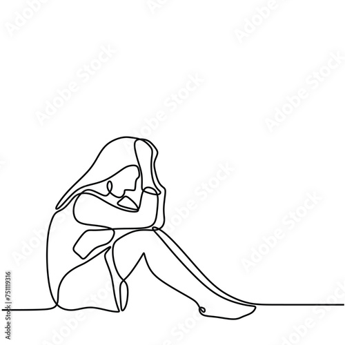 sad and stress woman sitting one line illustration. continuous line drawing of depressed man sitting on chair.