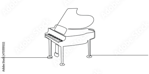 Classic piano one line art drawing. Music instrument object vector illustration. Hand drawn sketch continuous single outline. Classical string viola for melody playing.