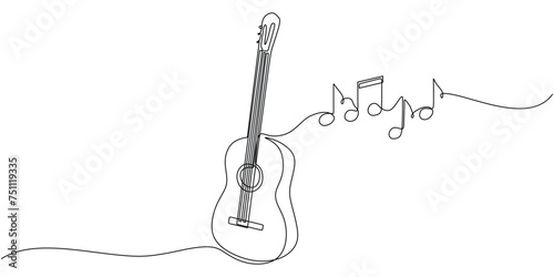 One line drawing of classic guitar with music notes tone design. Classical jazz music instrument. Vector illustration simple continuous outline style.