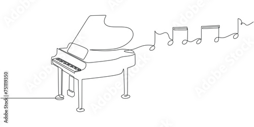 Classic piano with music notes tone one line art drawing. Music instrument object vector illustration. Hand drawn sketch continuous single outline. Classical string viola for melody playing.