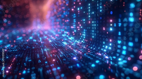 blue digital binary data on computer screen, Neon binary data stream. Flowing digits in a digital background © saichon