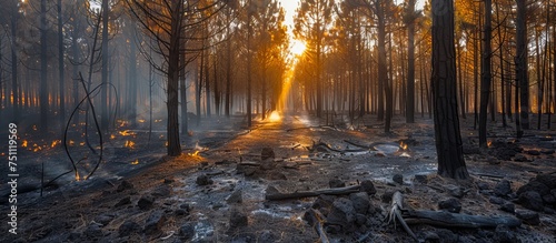 Pine forest devastated by wildfire in Tenerife, scorched trees, smoldering ground