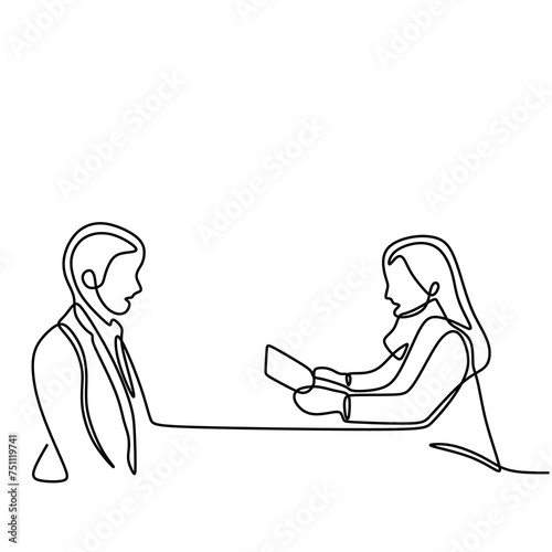 Woman interviewing man in continuous one line art drawing. Business job career vector illustration editable stroke.