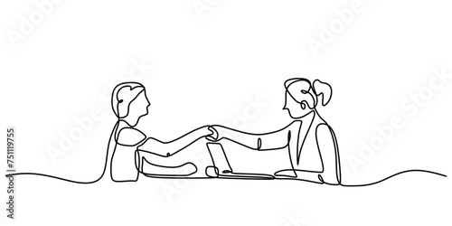 Woman interviewing woman and handshaking in continuous one line art drawing. Business job career vector illustration editable stroke.