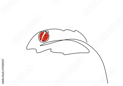 Orange ladybug on leaf in continuous one line art drawing. Floral and fauna vector illustration editable stroke.