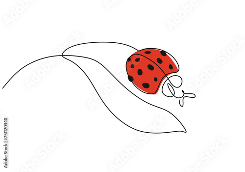 Orange ladybug on leaf in continuous one line art drawing. Floral and fauna vector illustration editable stroke.