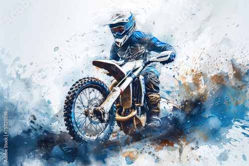 A motocross athlete in action, blue splash watercolor