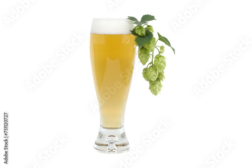 Glass of beer with hops cones isolated on white