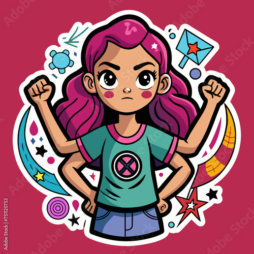 Ruler of Rebellion Capture the essence of rebellion with a tshirt sticker design showcasing a girl in a rebellious pose, wearing a tee rounded by imagery symbolizing defiance and nonconformity