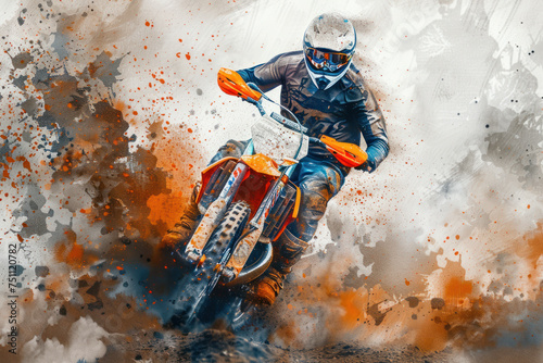 A motocross athlete in action, orange splash watercolor