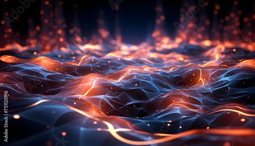 Abstract 3d rendering of wavy surface with glowing particles. Futuristic background with dynamic waves. 3D illustration