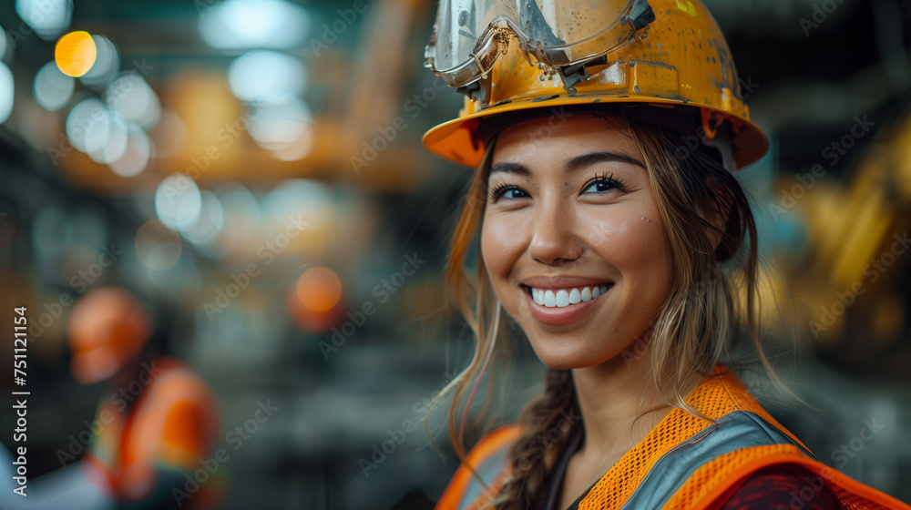 A woman engineer in a hard hat reviews a construction blueprint with colleague on a construction site. A woman engineer in a hard hat reviews a construction blueprint with colleague on a construction site.