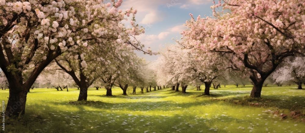 This painting depicts a vibrant field filled with apple trees in full bloom during the spring season. The trees are adorned with delicate pink and white blossoms, creating a captivating scene of