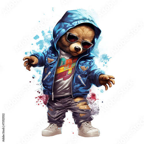 Teddy bear wears jacket a cool hip hop on a clean background, Png for Sublimation Printing, T-shirt Design Clipart, DTF DTG Printing, Toy, Wild Animals, Illustration, Generative AI..