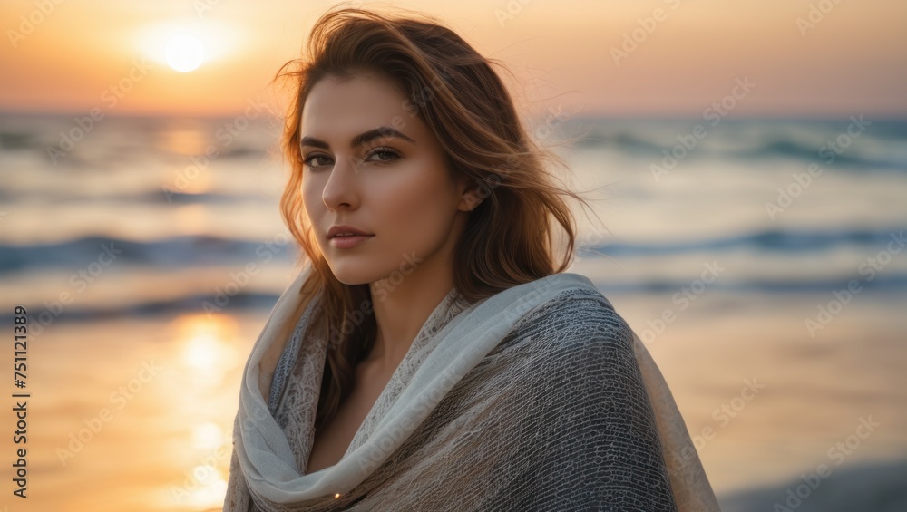 Young beautiful woman at sunset beach with a shawl Young beautiful woman at sunset beach with a shawl