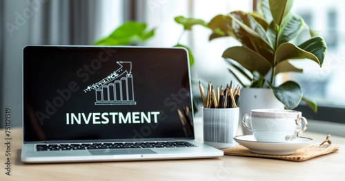 business table with the text INVESTMENT on laptop screen High detailed and high resolution smooth and high quality photo