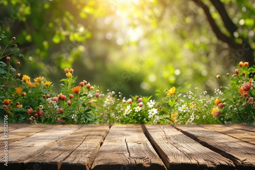 Spring or summer hardwood flooring background with Empty wooden table