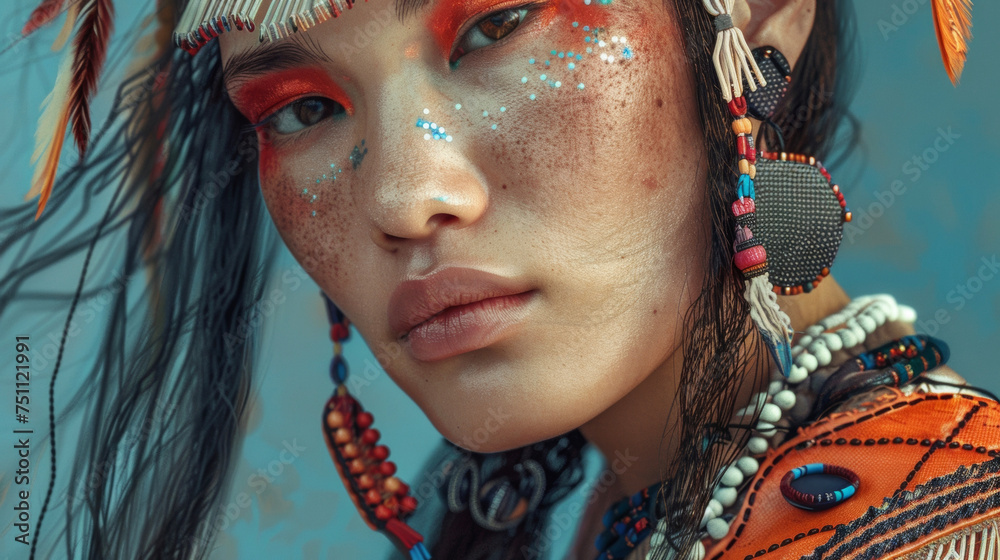 A fashion editorial featuring a fusion of traditional Native American and Asian styles with intricate beadwork and bold color combinations.