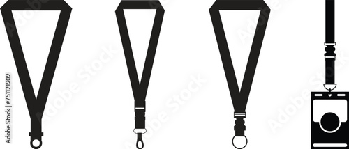 Black lanyard icon set. ID card lanyard for company name identification badge set. Vector illustration