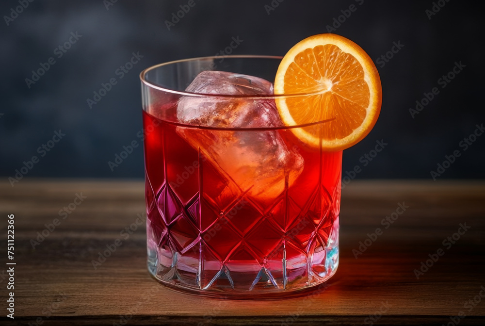 Alcoholic cocktail with orange and ice in glass on grey background Alcoholic cocktail with orange and ice in glass on grey background