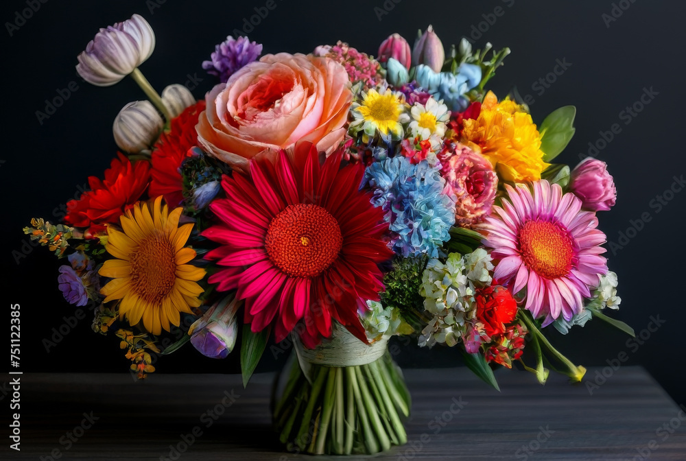 beautiful bouquet of bright flowers on a black background close up