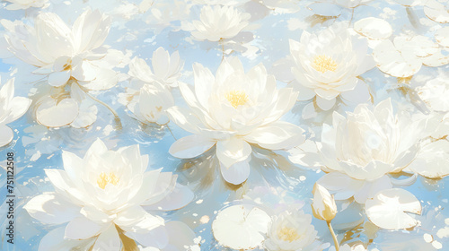 水面に浮かんだ美しい白い花の水彩イラスト背景