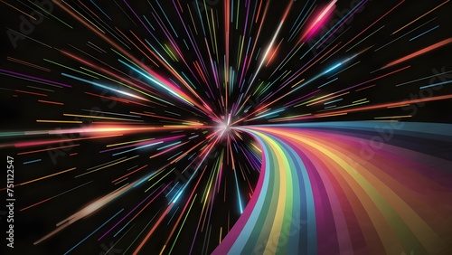 Colorful rainbow streaks of light, vibrant colors on background, Creative black background with rainbow flare overlay, movement and energy. The background is saturated with vivid colors