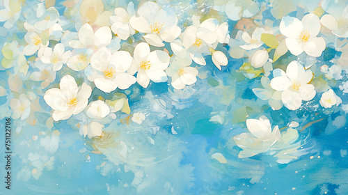 Fototapeta Naklejka Na Ścianę i Meble -  水面に浮かべた美しい白い花の水彩イラスト背景